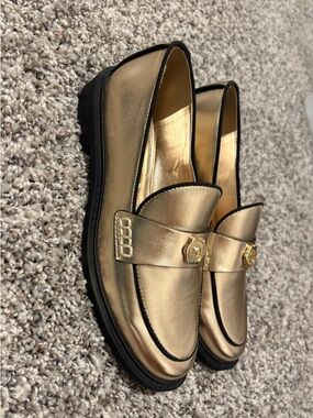 Karl Lagerfeld Metallic Gold Leather Penny Loafers with Medallion